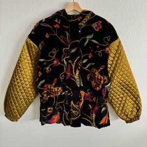 LONDON FOG Vintage Black Gold Velvet Quilted Toggle Button Paisley Bird Jacket